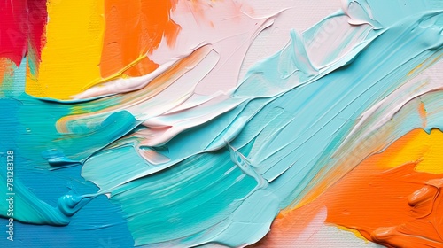Close-up of thick, colorful oil paint strokes in a vibrant abstract expression creating a tactile texture photo