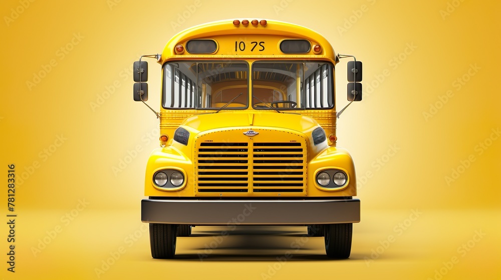 A detailed, straight-on view of a vintage yellow school bus against a warm yellow background, presenting a feeling of nostalgia