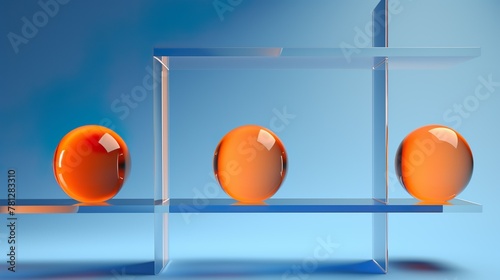 Three reflective orange spheres balance on a clear glass shelf against a blue background