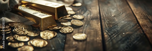 gold bars, gold coins on wooden table 