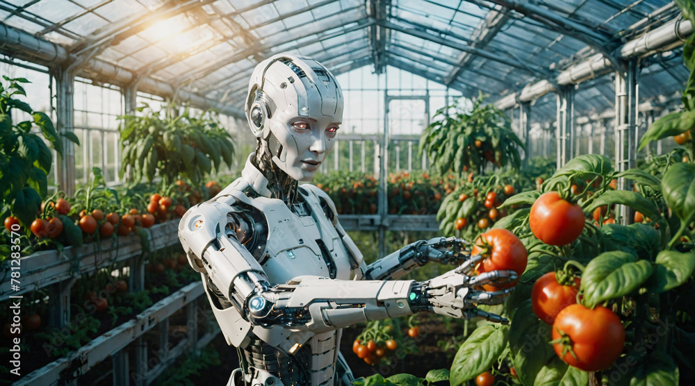 Humanoid robot harvesting tomatoes in greenhouse. Modern autonomous farming. New technologies, artificial intelligence in agriculture