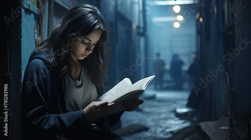 A young woman is deeply engrossed in reading a book, oblivious to the bleak and moody alleyway that surrounds her photo