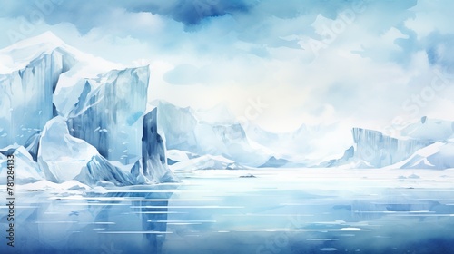 A serene, icy landscape illustration capturing the tranquil beauty of stark, blue-tinged glaciers and reflections in the water