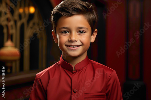 A handsome Muslim boy in Shalwar Kameez standing confidently against a solid red background. photo