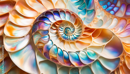maritim abstrakte Vorlage Hintergrund, geschwungen dynamisch natürlich in bunt Perlmutt glänzend, Spirale wie fossile Ammonite Nautilus Muschel Schnecke, bewegt kurvig wellig schneckenförmig Meer