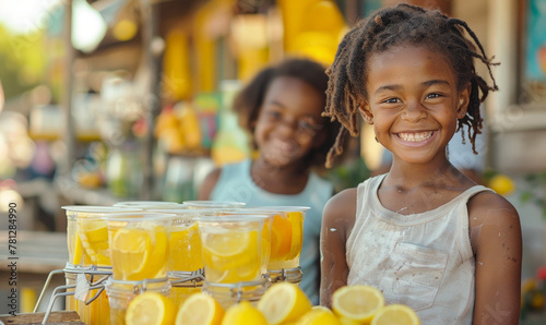 Children selling lemonade outdoor in a lemonade stand photo
