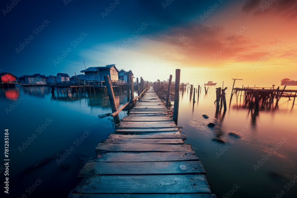 A tranquil waterfront view at sunset with a rustic wooden dock leading towards stilt houses under a colorful sky.