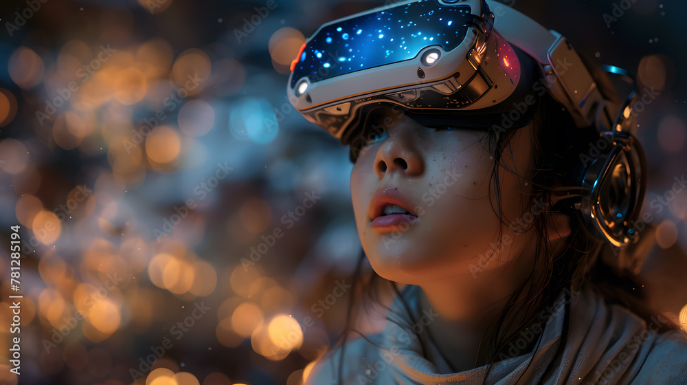 Futuristic World, Cyberpunk Gamer Girl in Virtual Reality Gaming with Augmented Reality Gadget. Future of Game player. Futuristic World, Cyberpunk Gamer Girl in Virtual Reality Gaming with Augmented Reality Gadget. Future of Game player.