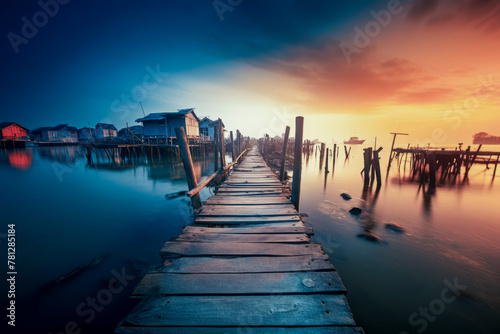 A tranquil waterfront view at sunset with a rustic wooden dock leading towards stilt houses under a colorful sky. photo