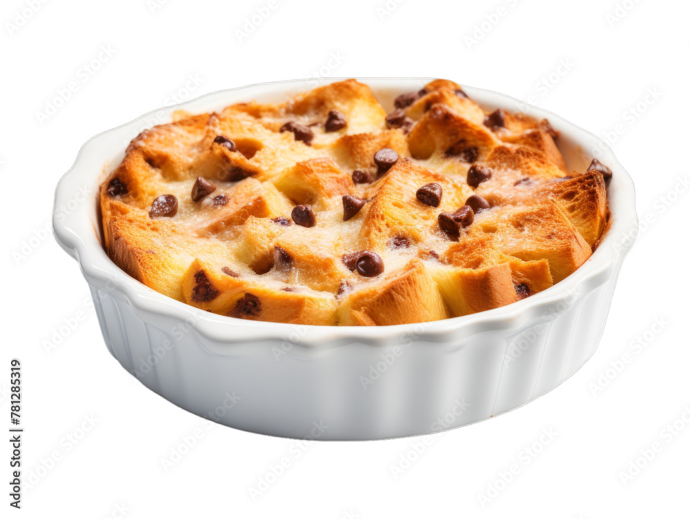 Chocolate Chip Bread Pudding isolated on transparent png background. Generative ai Chocolate Chip Bread Pudding isolated on transparent png background. Generative ai