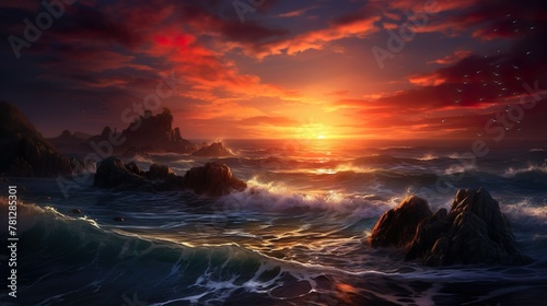 Vivid ocean sunset scene with powerful waves crashing against the rocks under a fiery sky