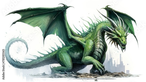 Dynamic depiction of a green dragon ready for action with splashes around  conveying a sense of power