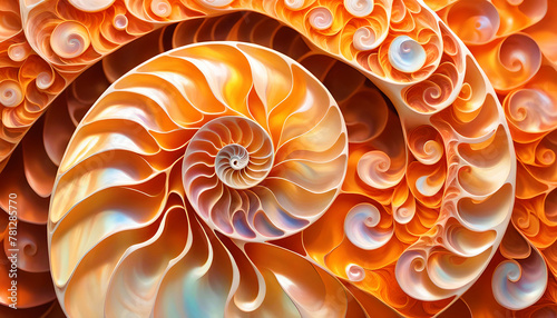 maritim abstrakte Vorlage Hintergrund  geschwungen dynamisch nat  rlich in orange Perlmutt gl  nzend  Spirale wie fossile Ammonite Nautilus Muschel Schnecke  bewegt kurvig wellig schneckenf  rmig Meer