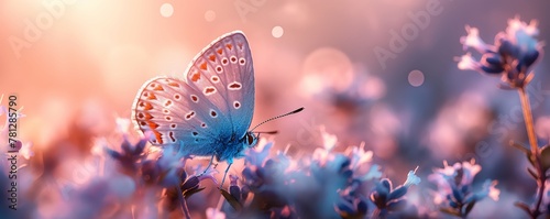 Beautiful blue butterfly on heather flowers in the field, lavender and pink pastel colors, created by ai