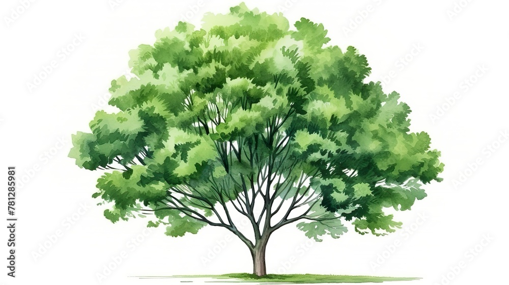 This watercolor image beautifully illustrates a single tree in full bloom with a soft, artistic touch