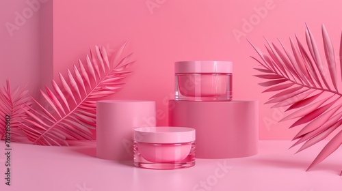 3D rendering. Natural beauty backdrop for cosmetic product display. Fashion beauty pink background...