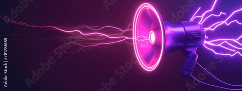 3D neon megaphone with lightning icon on purple background, futuristic chromatic waves
