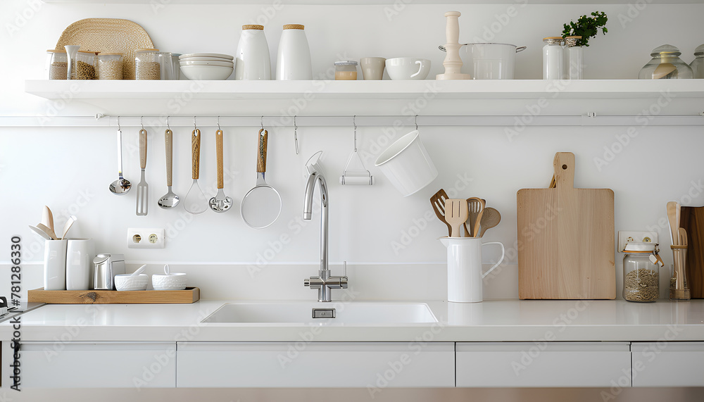 White counters with sink and utensils in interior of modern kitchen White counters with sink and utensils in interior of modern kitchen