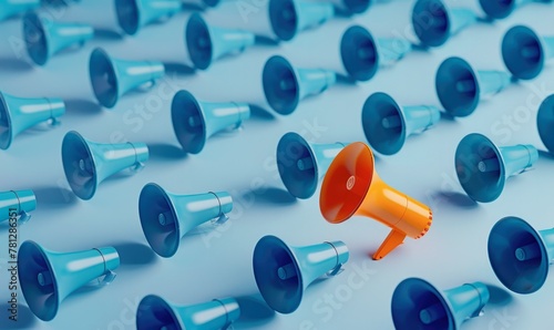 Multiple blue megaphones arranged in rows on a light cyan background, with one orange loudspeaker standing out from the crowd. The concept conveys creativity and individuality among many people. photo