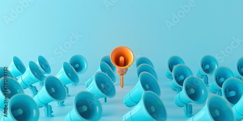 Multiple blue megaphones arranged in rows on a light cyan background, with one orange loudspeaker standing out from the crowd. The concept conveys creativity and individuality among many people. photo