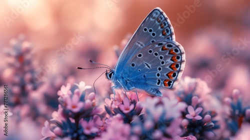 Beautiful blue butterfly on heather flowers in the field, lavender and pink pastel colors, created by ai