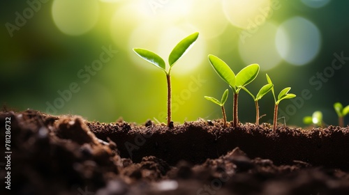 Close-up of seedlings in fertile soil with sunlight shining in the background, representing growth and new beginnings photo