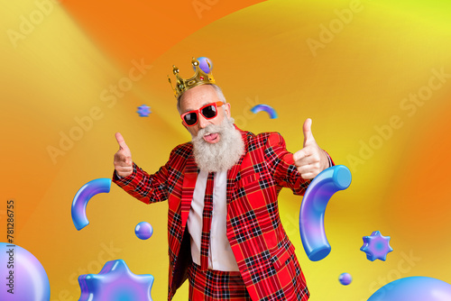 Creative photo collage picture mature senior elder man gentleman suit showing thumb up sunglasses royal crown prince king 3d fragments photo