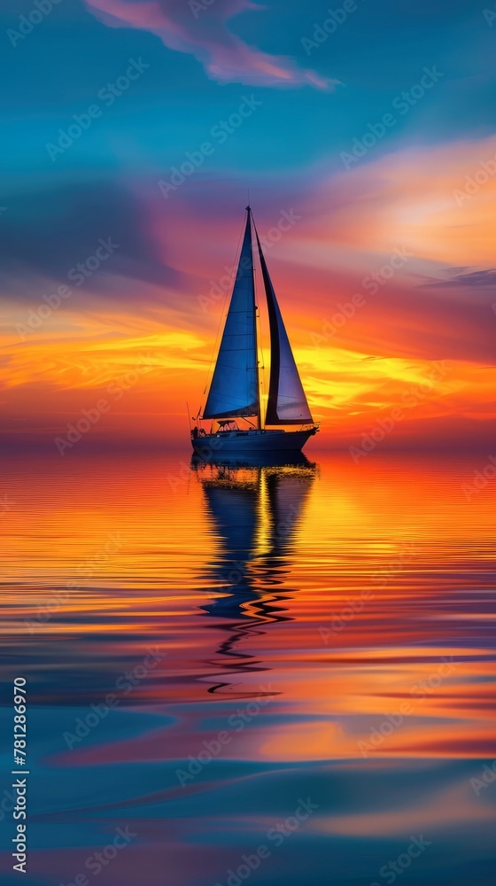 A sailboat with its sails against orange and blue sunset.