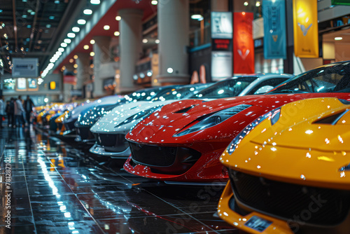 Display of high-end sports cars at exclusive auto show or premium showroom. Exuding wealth and sophistication © Kmikhidov