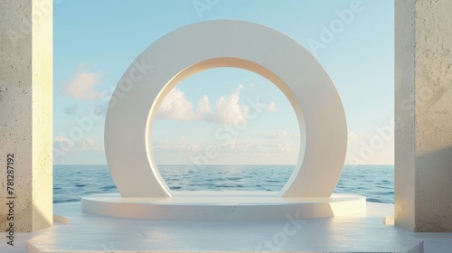 Scene with geometrical forms, a podium, and minimal landscape background. A sea view is seen in the background of the scene. Background with 3D render on a sea view... © Mark