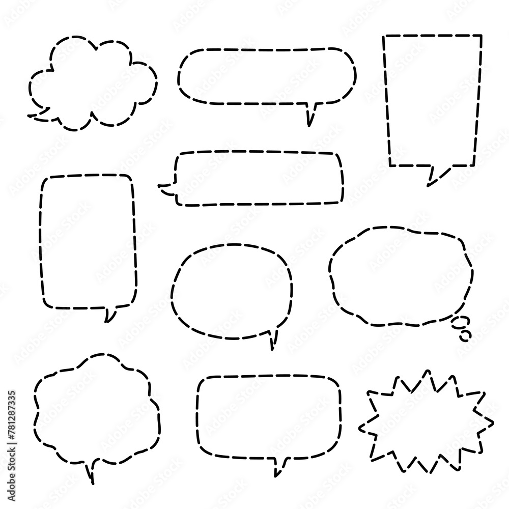 Obraz premium Black and white color dashed line speech bubble balloon, icon sticker memo keyword planner text box banner, flat vector illustration design isolated