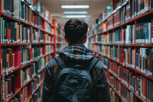 A person with a backpack exploring the shelves of a library, searching for knowledge and inspiration.