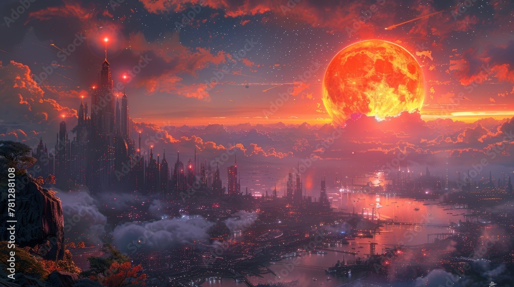 An illustration of a landscape digitally painted in a sci-fi city