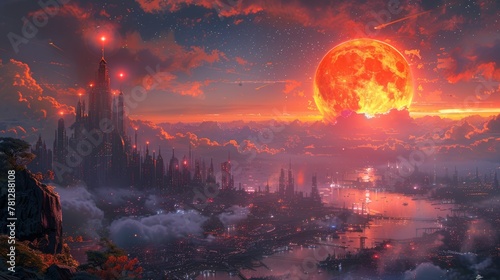 An illustration of a landscape digitally painted in a sci-fi city