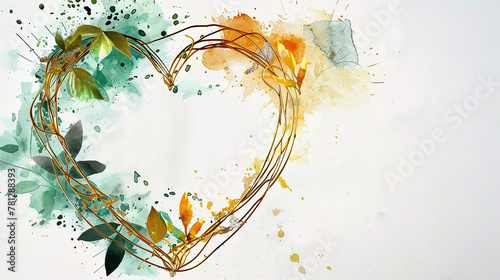 golden heart shaped wreath with green leaves in watercolor painting design