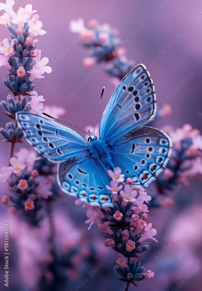 Beautiful blue butterfly on heather flowers in the field, lavender and pink pastel colors, created by ai Beautiful blue butterfly on heather flowers in the field, lavender and pink pastel colors, created by ai