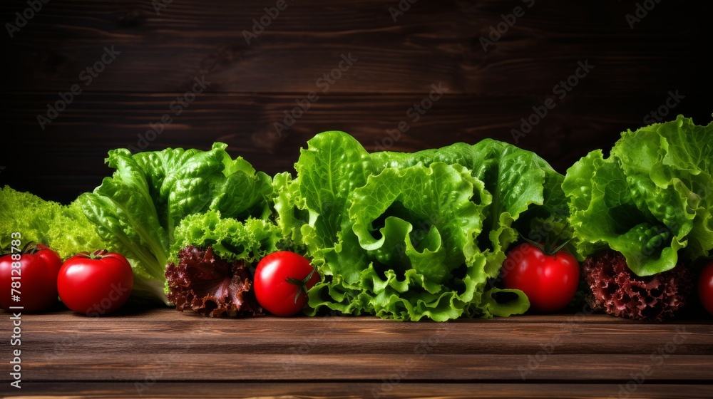 Board with fresh lettuce on dark wooden table, closeup. Board with fresh lettuce on dark wooden table, closeup.