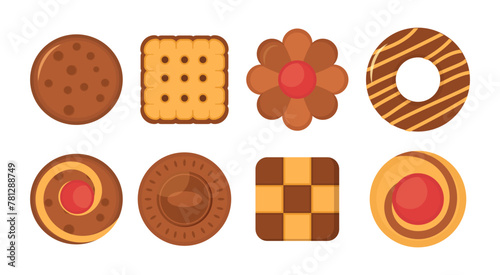 Biscuit bread cookies icon set. Big set different colorful pastry cookie. Set of different chocolate and biscuit chip cookies, gingerbread and waffle isolated on white background. Vector illustration. © Little Monster 2070