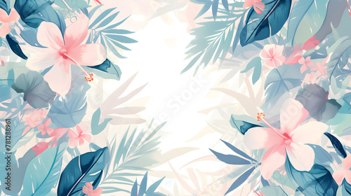 Summer background frame with illustration of tropical flowers and foliage in dreamy watercolor style. tropical resort spa relax template design