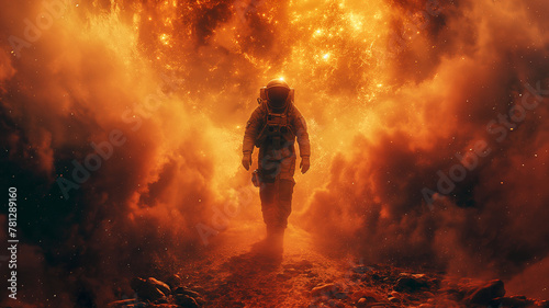 Astronaut walks on a hot space planet. Illustration for a fantastic story.