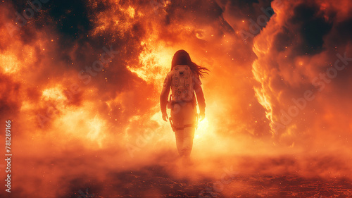 Hero astronaut woman view from the back, she walks on a burning space planet. Illustration for a fantastic story about space.