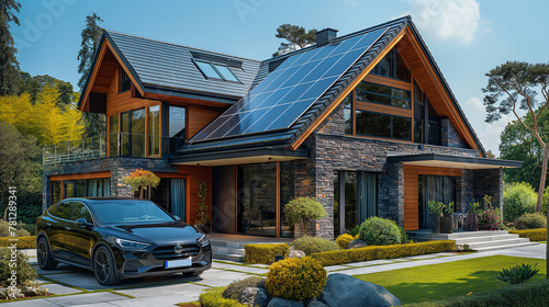 Energy-saving country house with solar panels on the roof and a parked car. photo