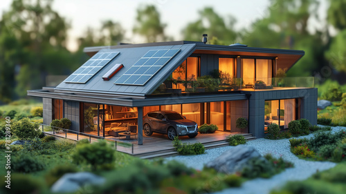 Model of an energy-saving house with solar panels on the roof and a parked car.