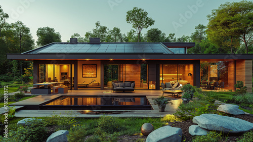 Energy-saving country house with solar panels on the roof, a swimming pool and a mini park around.
