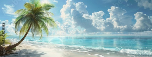 Beach with palm tree near ocean in sunny day. Travel vacation concept