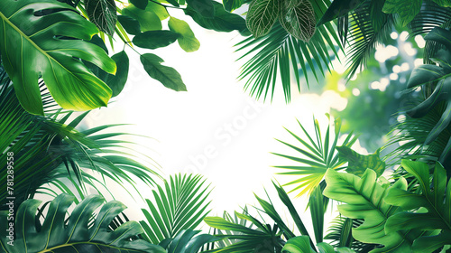 abstract background of jungle exotic leaves, simple colorful design, empty center, summer background isolated on white background © Majed