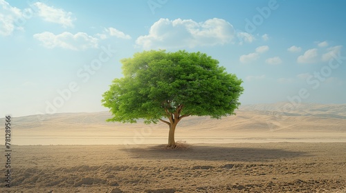 Lone Tree Standing in Vast Arid Desert Landscape, Environmental, Nature Advertising