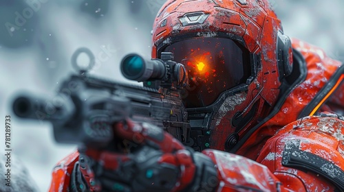 Sci-fi gaming character aiming gun, shooting gun, illustration photo