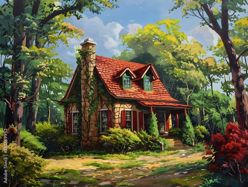Charming cottage an oil painting