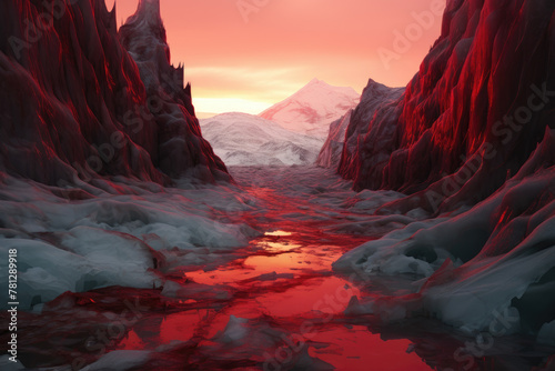 Bloodfrost Glacier reveals a spine-chilling spectacle of red-stained ice, with mysterious screams emerging from its depths. An eerie natural wonder.